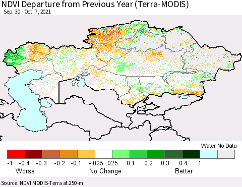 Kazakhstan NDVI Departure from Previous Year (Terra-MODIS) Thematic Map For 9/30/2021 - 10/7/2021