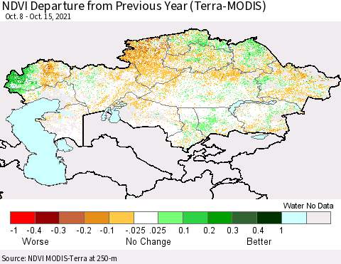 Kazakhstan NDVI Departure from Previous Year (Terra-MODIS) Thematic Map For 10/8/2021 - 10/15/2021