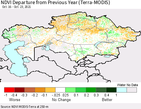 Kazakhstan NDVI Departure from Previous Year (Terra-MODIS) Thematic Map For 10/16/2021 - 10/23/2021