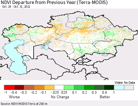 Kazakhstan NDVI Departure from Previous Year (Terra-MODIS) Thematic Map For 10/24/2021 - 10/31/2021