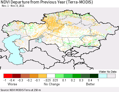 Kazakhstan NDVI Departure from Previous Year (Terra-MODIS) Thematic Map For 11/1/2021 - 11/8/2021