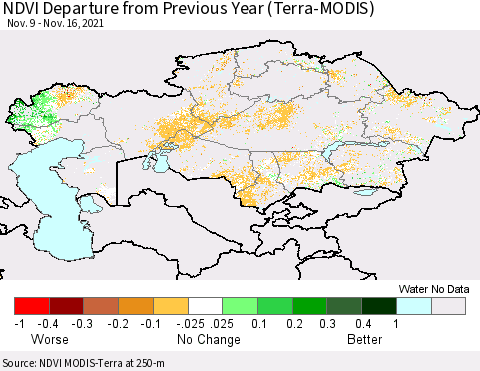 Kazakhstan NDVI Departure from Previous Year (Terra-MODIS) Thematic Map For 11/9/2021 - 11/16/2021