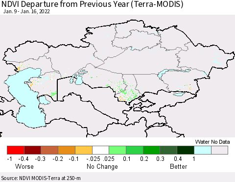 Kazakhstan NDVI Departure from Previous Year (Terra-MODIS) Thematic Map For 1/9/2022 - 1/16/2022