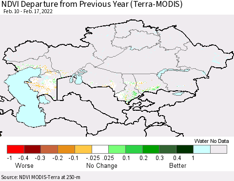 Kazakhstan NDVI Departure from Previous Year (Terra-MODIS) Thematic Map For 2/10/2022 - 2/17/2022