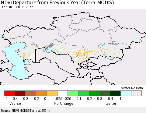 Kazakhstan NDVI Departure from Previous Year (Terra-MODIS) Thematic Map For 2/18/2022 - 2/25/2022