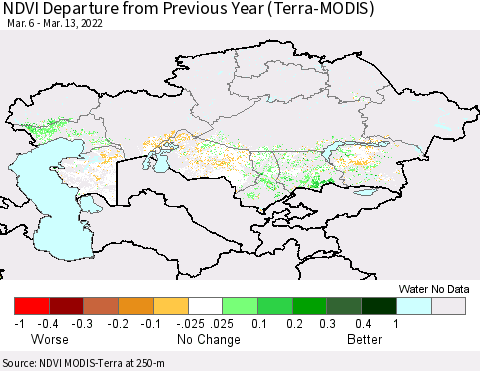 Kazakhstan NDVI Departure from Previous Year (Terra-MODIS) Thematic Map For 3/6/2022 - 3/13/2022