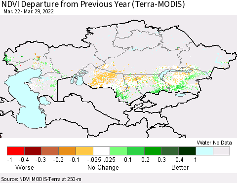 Kazakhstan NDVI Departure from Previous Year (Terra-MODIS) Thematic Map For 3/22/2022 - 3/29/2022