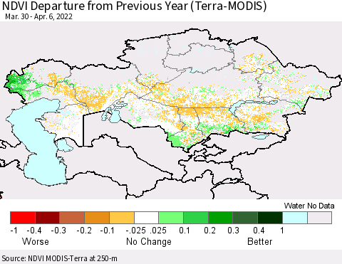 Kazakhstan NDVI Departure from Previous Year (Terra-MODIS) Thematic Map For 3/30/2022 - 4/6/2022