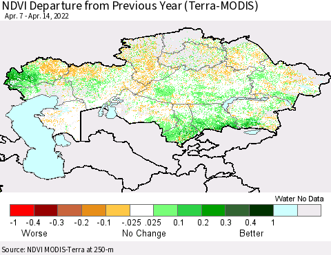 Kazakhstan NDVI Departure from Previous Year (Terra-MODIS) Thematic Map For 4/7/2022 - 4/14/2022