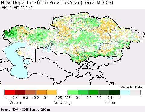 Kazakhstan NDVI Departure from Previous Year (Terra-MODIS) Thematic Map For 4/15/2022 - 4/22/2022