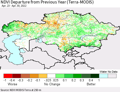 Kazakhstan NDVI Departure from Previous Year (Terra-MODIS) Thematic Map For 4/23/2022 - 4/30/2022