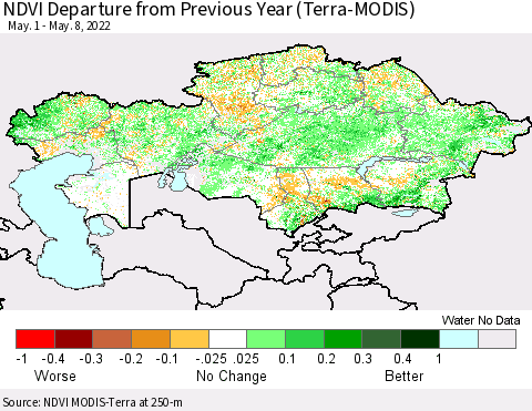 Kazakhstan NDVI Departure from Previous Year (Terra-MODIS) Thematic Map For 5/1/2022 - 5/8/2022