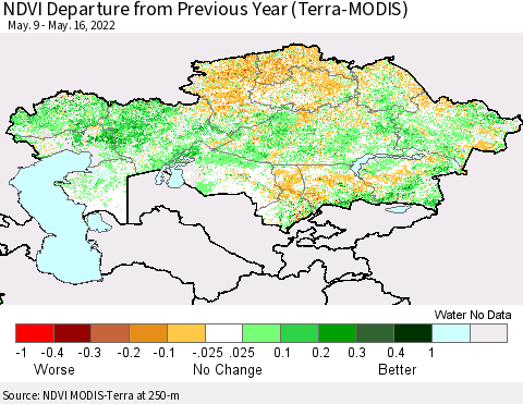 Kazakhstan NDVI Departure from Previous Year (Terra-MODIS) Thematic Map For 5/9/2022 - 5/16/2022