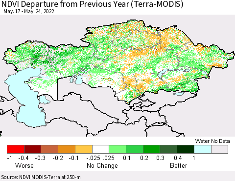 Kazakhstan NDVI Departure from Previous Year (Terra-MODIS) Thematic Map For 5/17/2022 - 5/24/2022
