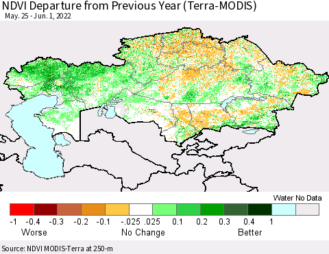Kazakhstan NDVI Departure from Previous Year (Terra-MODIS) Thematic Map For 5/25/2022 - 6/1/2022