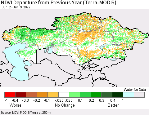 Kazakhstan NDVI Departure from Previous Year (Terra-MODIS) Thematic Map For 6/2/2022 - 6/9/2022
