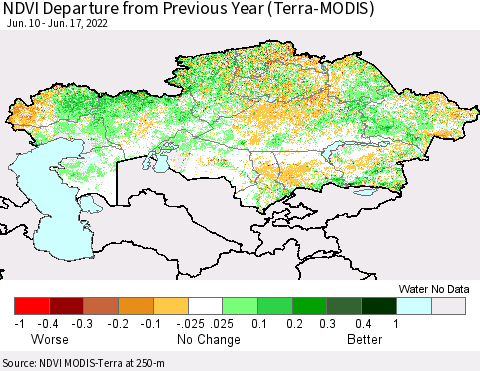 Kazakhstan NDVI Departure from Previous Year (Terra-MODIS) Thematic Map For 6/10/2022 - 6/17/2022