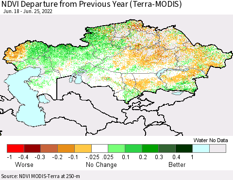 Kazakhstan NDVI Departure from Previous Year (Terra-MODIS) Thematic Map For 6/18/2022 - 6/25/2022