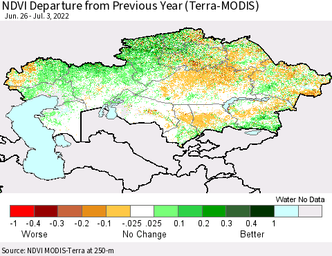 Kazakhstan NDVI Departure from Previous Year (Terra-MODIS) Thematic Map For 6/26/2022 - 7/3/2022