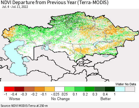 Kazakhstan NDVI Departure from Previous Year (Terra-MODIS) Thematic Map For 7/4/2022 - 7/11/2022