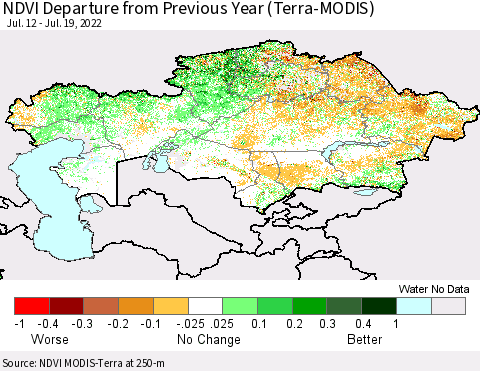 Kazakhstan NDVI Departure from Previous Year (Terra-MODIS) Thematic Map For 7/12/2022 - 7/19/2022