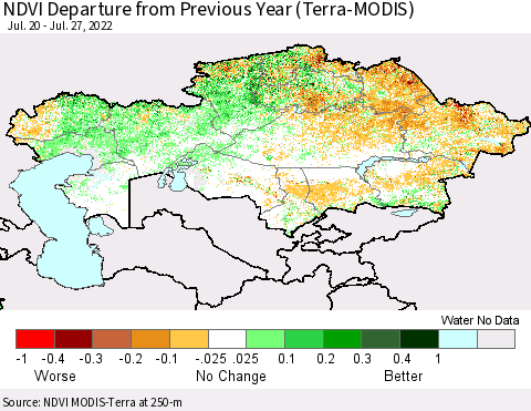 Kazakhstan NDVI Departure from Previous Year (Terra-MODIS) Thematic Map For 7/20/2022 - 7/27/2022
