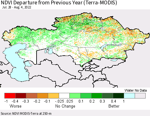 Kazakhstan NDVI Departure from Previous Year (Terra-MODIS) Thematic Map For 7/28/2022 - 8/4/2022