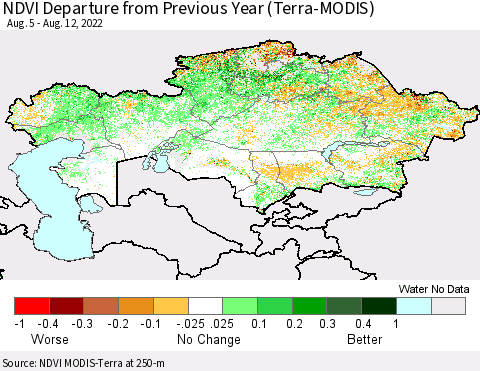 Kazakhstan NDVI Departure from Previous Year (Terra-MODIS) Thematic Map For 8/5/2022 - 8/12/2022