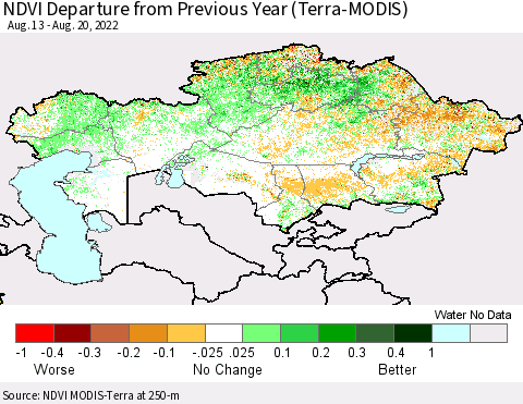 Kazakhstan NDVI Departure from Previous Year (Terra-MODIS) Thematic Map For 8/13/2022 - 8/20/2022