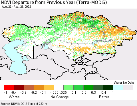 Kazakhstan NDVI Departure from Previous Year (Terra-MODIS) Thematic Map For 8/21/2022 - 8/28/2022