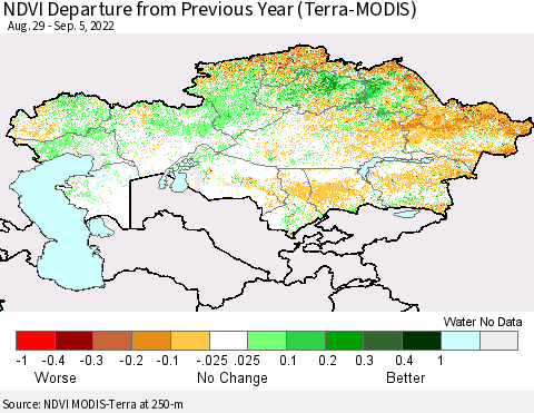 Kazakhstan NDVI Departure from Previous Year (Terra-MODIS) Thematic Map For 8/29/2022 - 9/5/2022