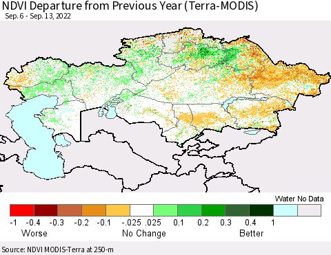 Kazakhstan NDVI Departure from Previous Year (Terra-MODIS) Thematic Map For 9/6/2022 - 9/13/2022