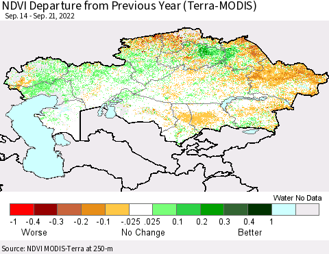 Kazakhstan NDVI Departure from Previous Year (Terra-MODIS) Thematic Map For 9/14/2022 - 9/21/2022