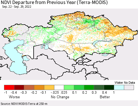 Kazakhstan NDVI Departure from Previous Year (Terra-MODIS) Thematic Map For 9/22/2022 - 9/29/2022