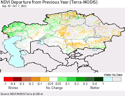 Kazakhstan NDVI Departure from Previous Year (Terra-MODIS) Thematic Map For 9/30/2022 - 10/7/2022