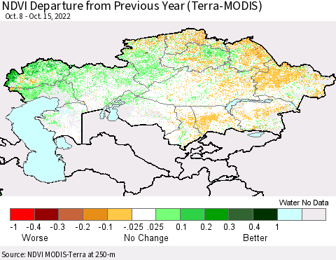 Kazakhstan NDVI Departure from Previous Year (Terra-MODIS) Thematic Map For 10/8/2022 - 10/15/2022
