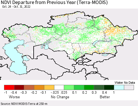 Kazakhstan NDVI Departure from Previous Year (Terra-MODIS) Thematic Map For 10/24/2022 - 10/31/2022