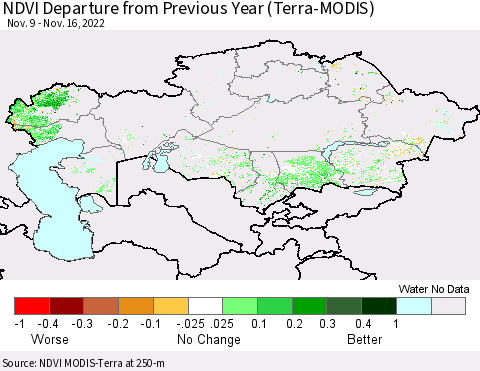 Kazakhstan NDVI Departure from Previous Year (Terra-MODIS) Thematic Map For 11/9/2022 - 11/16/2022