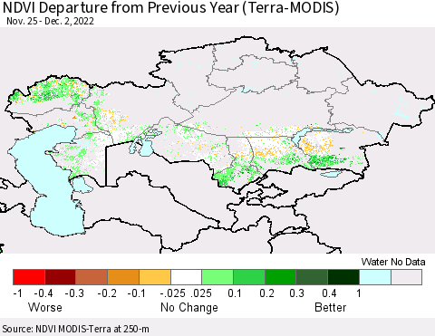 Kazakhstan NDVI Departure from Previous Year (Terra-MODIS) Thematic Map For 11/25/2022 - 12/2/2022