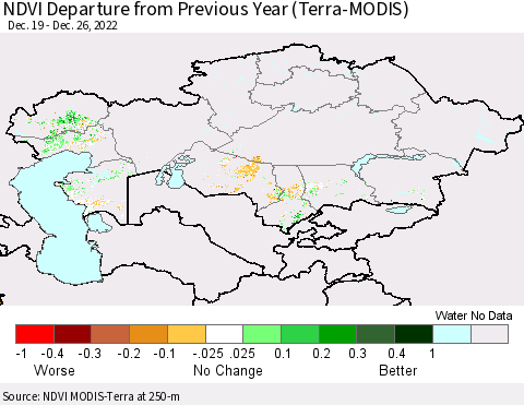 Kazakhstan NDVI Departure from Previous Year (Terra-MODIS) Thematic Map For 12/19/2022 - 12/26/2022