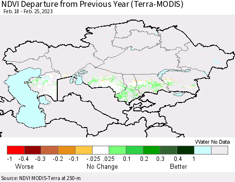 Kazakhstan NDVI Departure from Previous Year (Terra-MODIS) Thematic Map For 2/18/2023 - 2/25/2023