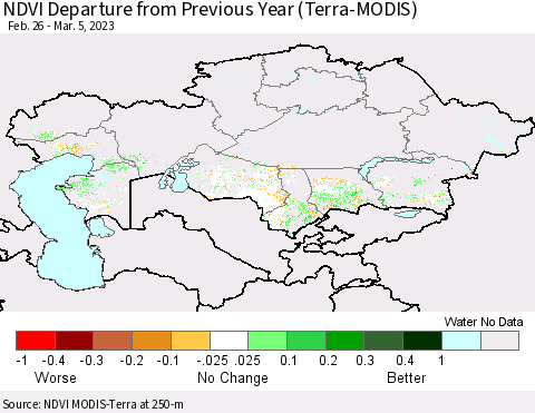 Kazakhstan NDVI Departure from Previous Year (Terra-MODIS) Thematic Map For 2/26/2023 - 3/5/2023