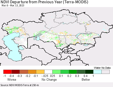 Kazakhstan NDVI Departure from Previous Year (Terra-MODIS) Thematic Map For 3/6/2023 - 3/13/2023