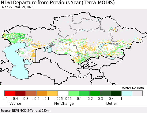 Kazakhstan NDVI Departure from Previous Year (Terra-MODIS) Thematic Map For 3/22/2023 - 3/29/2023