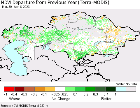 Kazakhstan NDVI Departure from Previous Year (Terra-MODIS) Thematic Map For 3/30/2023 - 4/6/2023