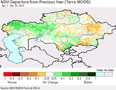 Kazakhstan NDVI Departure from Previous Year (Terra-MODIS) Thematic Map For 4/7/2023 - 4/14/2023
