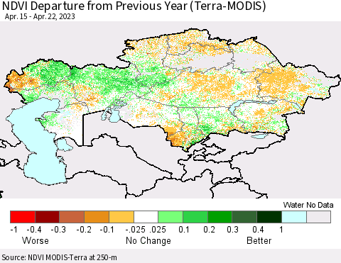Kazakhstan NDVI Departure from Previous Year (Terra-MODIS) Thematic Map For 4/15/2023 - 4/22/2023