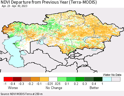 Kazakhstan NDVI Departure from Previous Year (Terra-MODIS) Thematic Map For 4/23/2023 - 4/30/2023