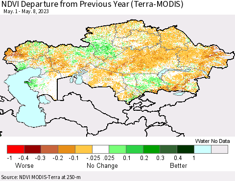 Kazakhstan NDVI Departure from Previous Year (Terra-MODIS) Thematic Map For 5/1/2023 - 5/8/2023