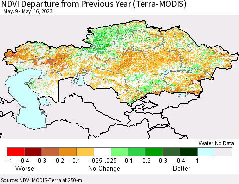 Kazakhstan NDVI Departure from Previous Year (Terra-MODIS) Thematic Map For 5/9/2023 - 5/16/2023